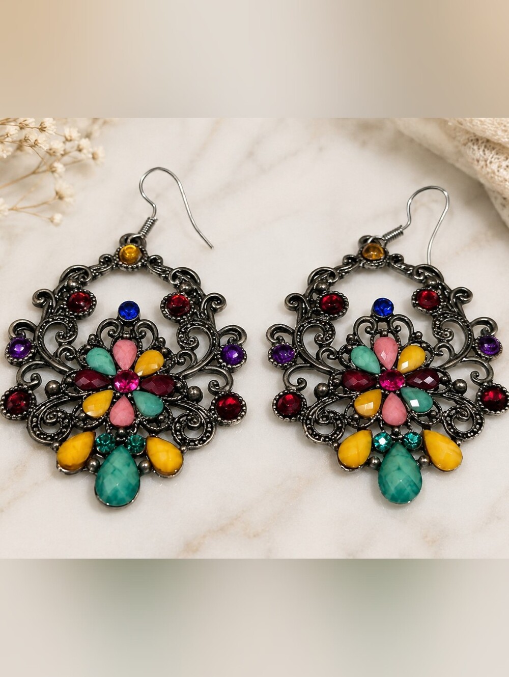 Boho Multicolor Floral Filigree Statement Chandelier Earrings